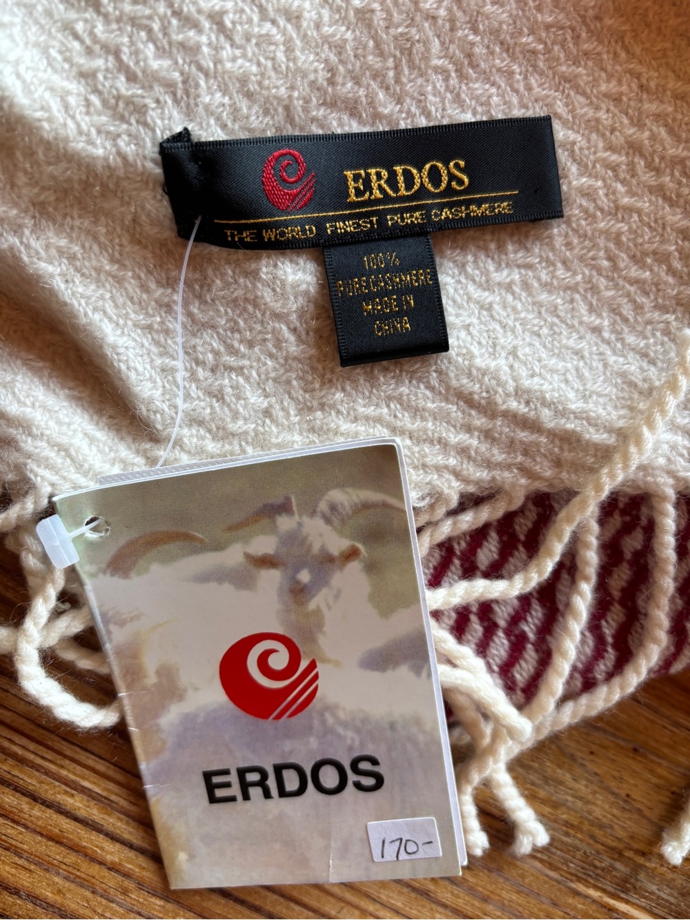 ERDOS Cream Cashmere Scarf with Burgundy Pattern
